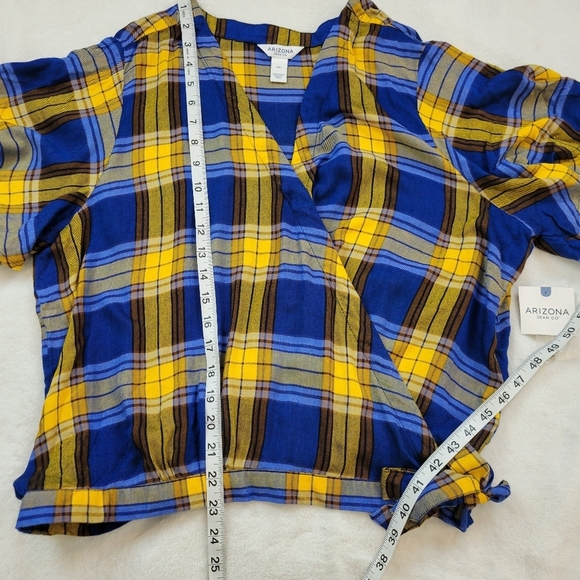 Arizona Jean Co Yellow & Blue Plaid Wrap Tie Shirt xxl - Picture 8 of 9